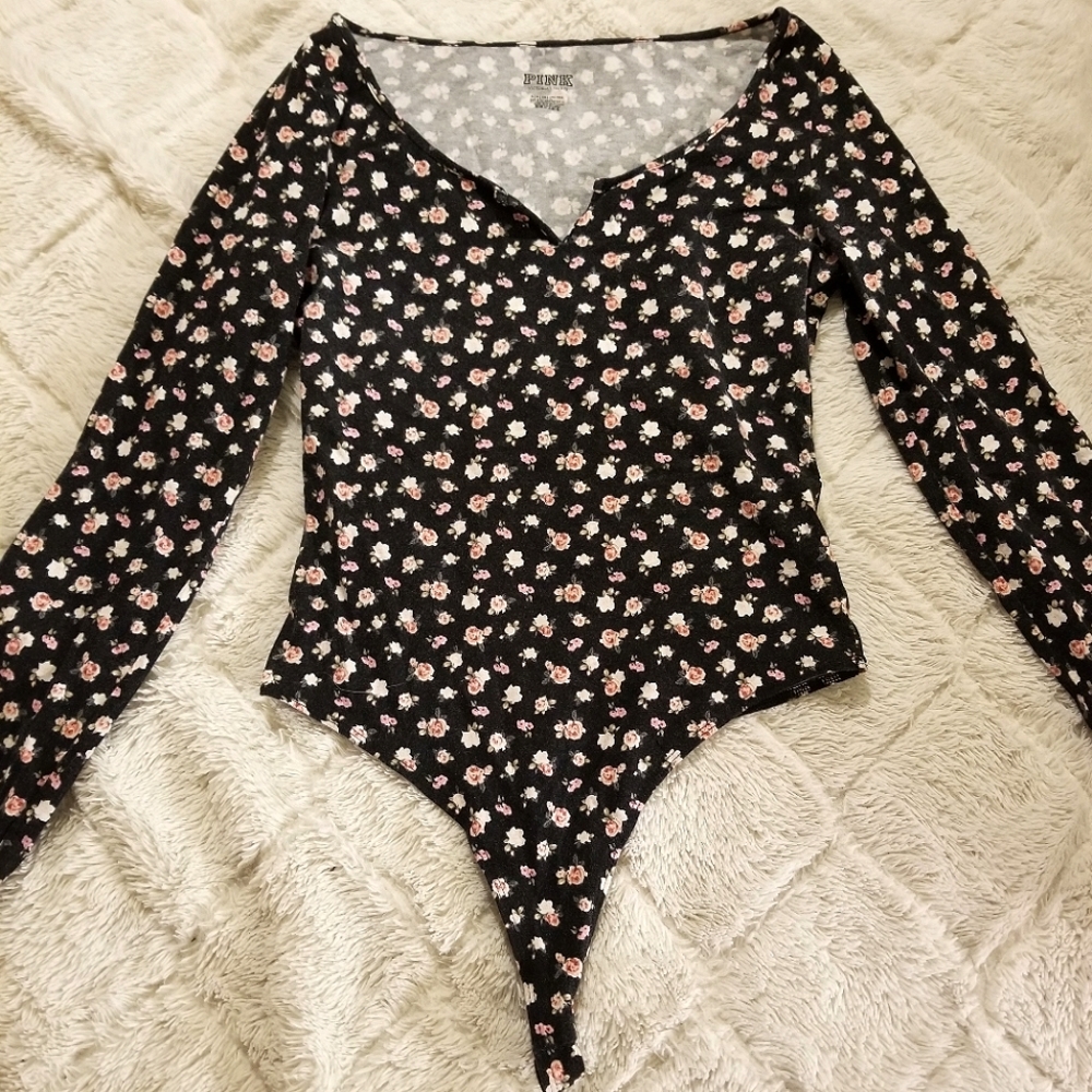PINK Victoria's Secret Black Floral Long-Sleeve Bodysuit